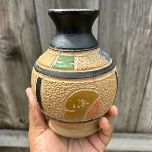 Handcrafted Vintage Mexican Textured Vase with Multicolor Accents